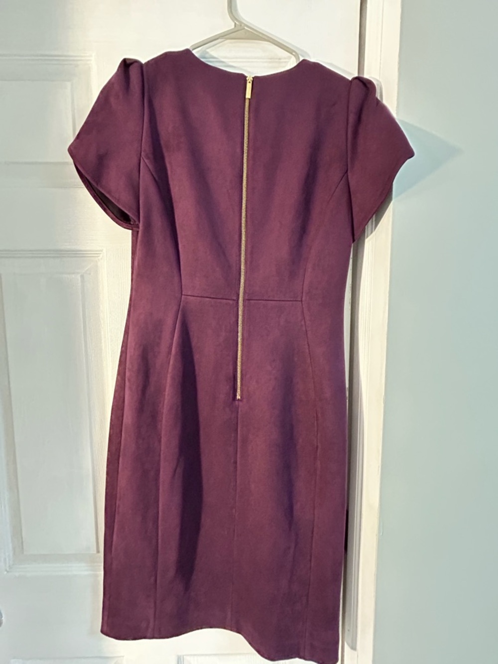 Calvin Klein Faux Suede Deep Purple Midi Dress with Sculpted Puff Sleeves - Picture 5 of 5